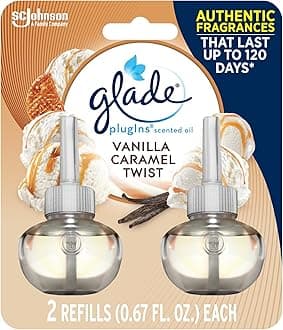 Glade PlugIns Refills Air Freshener, Scented and Essential Oils for Home and Bathroom, Vanilla Caramel Twist, 1.34 Fl Oz, 2 Count