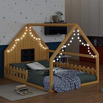 Merax Full Size House Bed for Kids, Wood Montessori Floor Bed with LED Light Toddler Floorbed with Fence and Window, Toddler Bedframe for Girls Boys, Natural