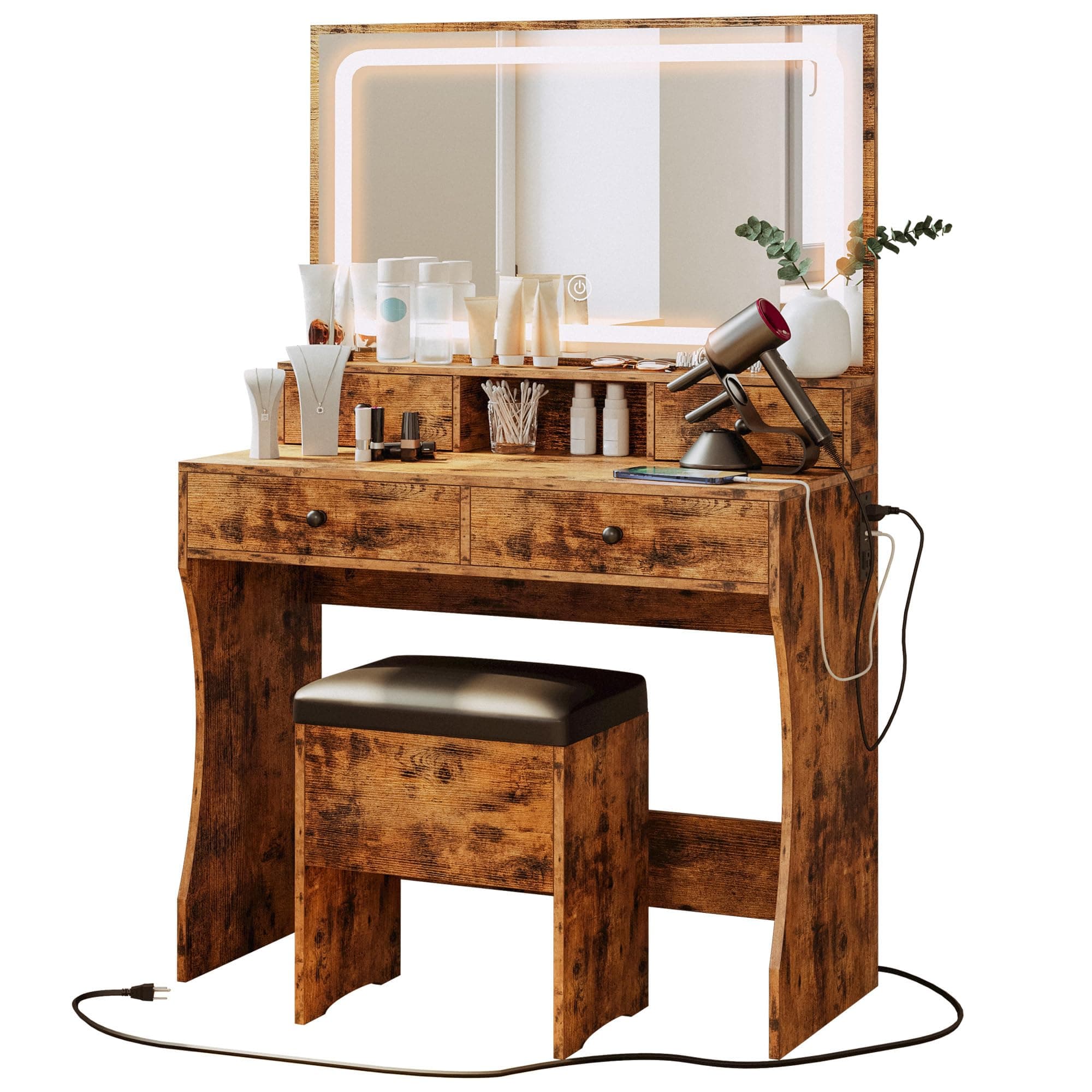 IRONCK Vanity Desk Set with LED Lighted Mirror & Power Outlet, Makeup Vanity Table with 4 Drawers,Storage Bench,Dressing Table for Bedroom, Vintage Brown