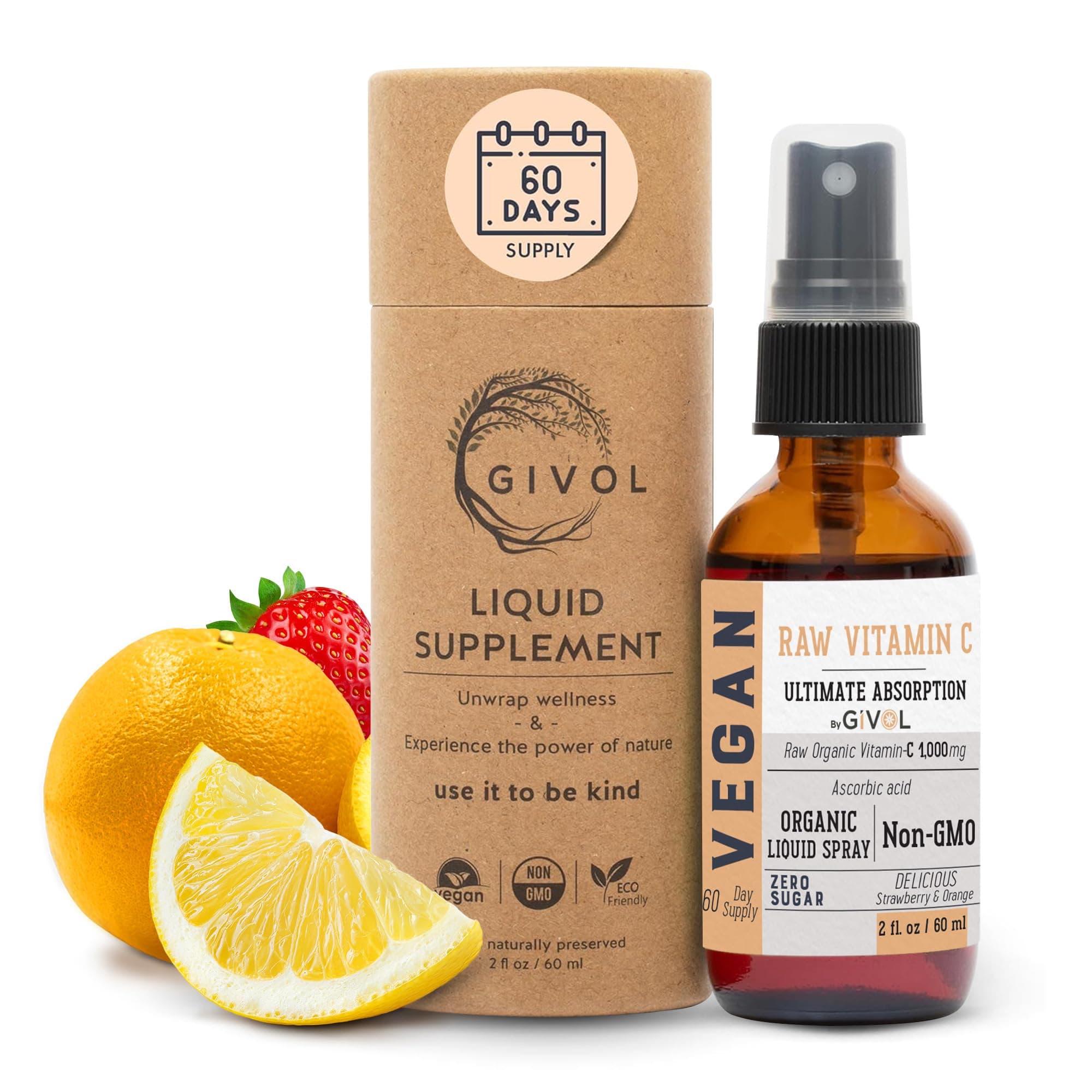 GIVOL L-Ascorbic Acid Extra Strength-Liquid Extract Organic Raw Vitamin C Mist - Orange/Strawberry Flavor, 2oz