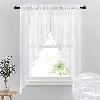 RYB HOME Semi Sheer Curtain Valance Window Topper, Textured Linen Sheer Kitchen Curtain Tier Swag Set, Privacy Half Window Curtains for Bedroom Living Room Bathroom, W 36 x L 63, 2 Panels, White