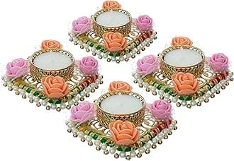 Divyakosh Decorative Flower Diya for Diwali Ganesh Decoration Handmade Reusable Diya for puja Tealight Candle Festival Aarti Wax Filled Dia batti Multipurpose Oil lamp Holder Items deepam Lights (4)