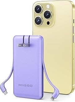 miisso Ultra Slim 10000mAh Power Bank Built-in Cables and Foldable AC Wall Plug, Pocket Size USB C Portable Charger, External Battery Pack Compatible with iPhone Samsung, Purple