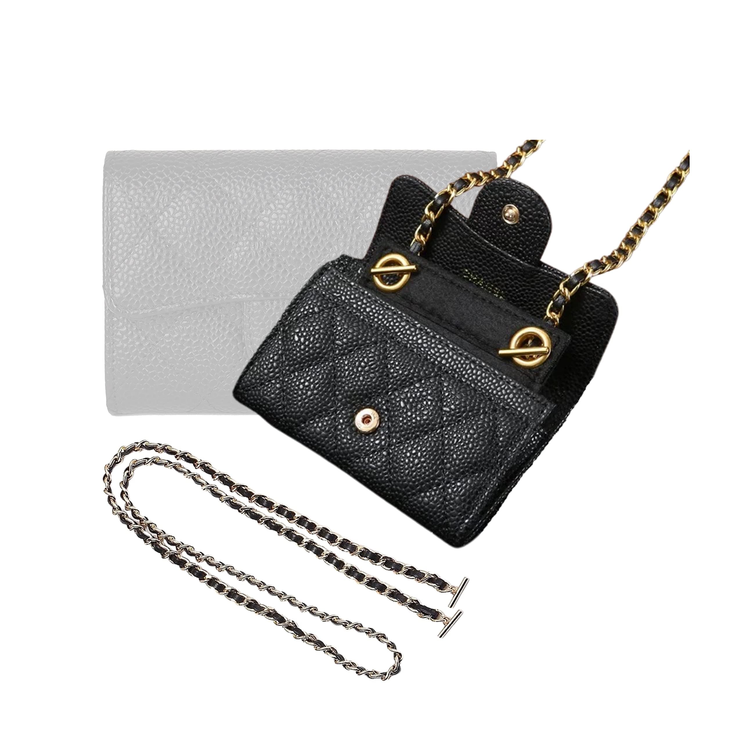 Divitize Premium Conversion Kit compatible with Small Flap Wallet Insert — Perfect Fit, Wallet on Chain WOC with 120cm - 47" Silver/Gold Chain, 24+ Shades (Old Silver Metal Chain, Beige)