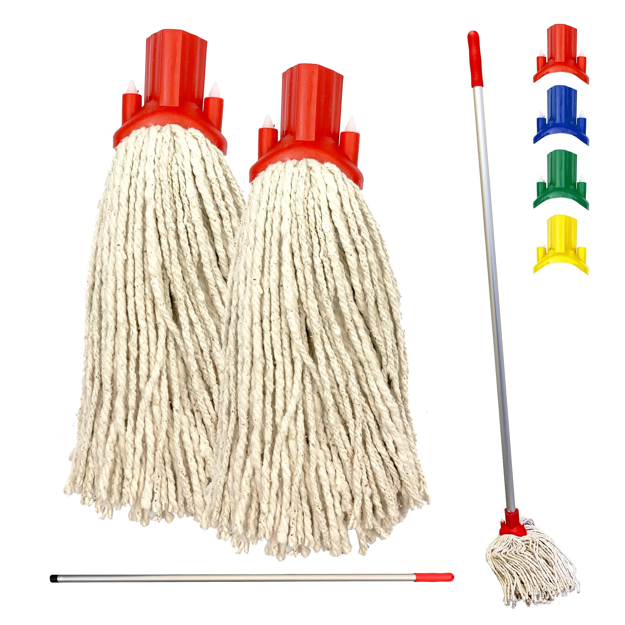 Colour Coded Floor Mop Set – 120cm Long Aluminium Mop Handle and Pack of 2 String Heads Replacement for Domestic and Commercial Cleaning (Red)