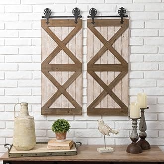 Glitzhome Barn Door Wall Plaque 2 Pieces Set, Large Farmhouse Rustic Wooden Wall Decor, Vintage Hanging Wall Wood Board Signs fit Country Window Frame Accessories 14" x 35" for Living Room Home Office