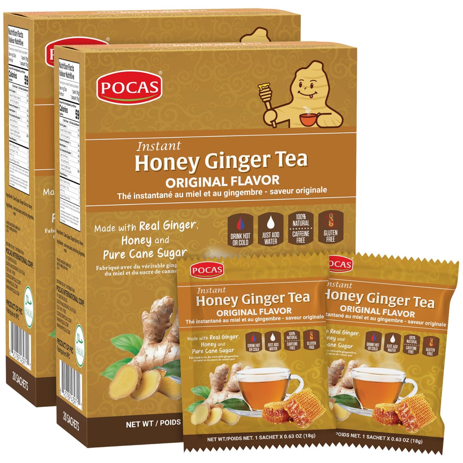 Pocas Honey Ginger Instant Tea Powder 2-Pack with Ginger Extract & Real Honey, Caffeine-Free Tea, 20 Packets per Box