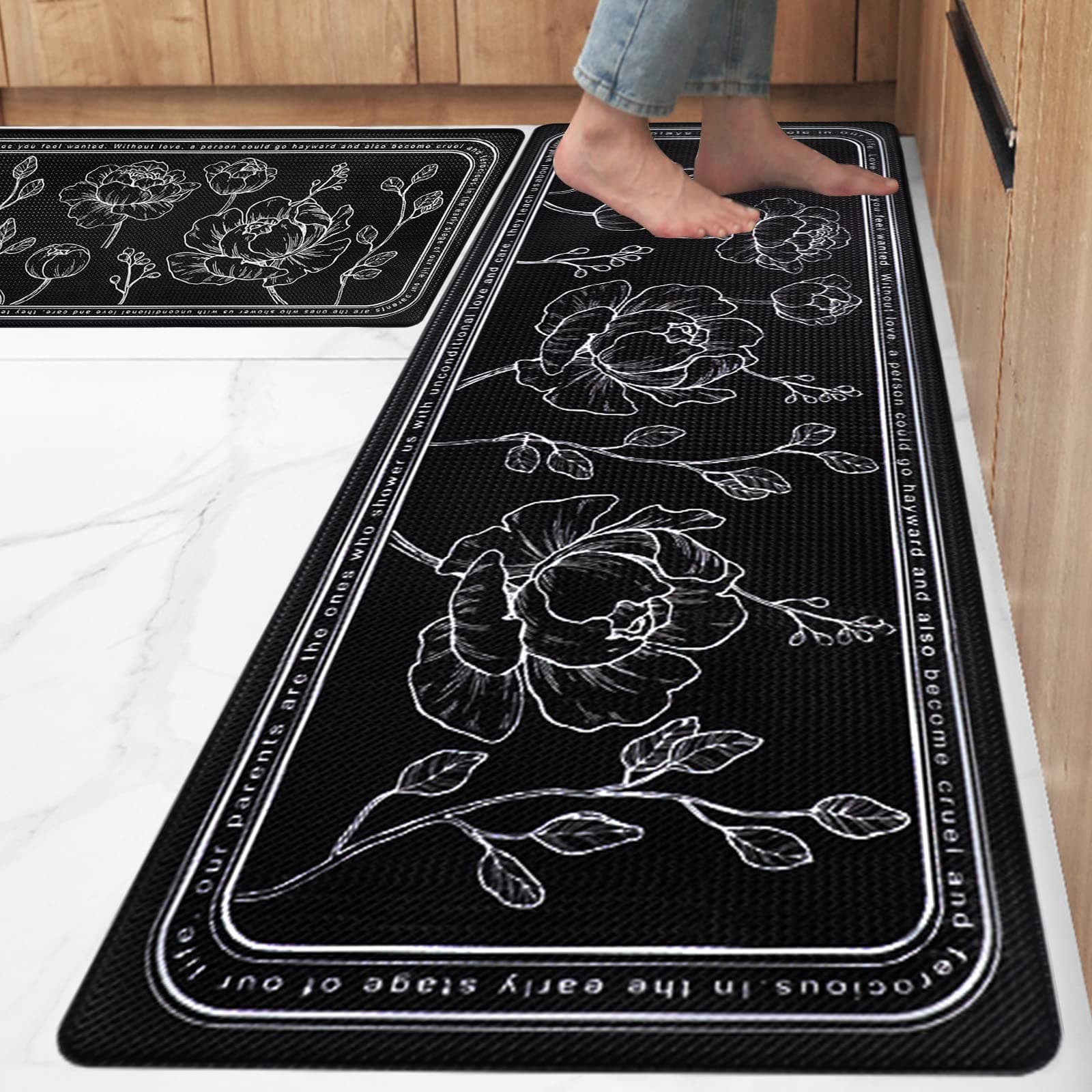 ROTTOGOON Kitchen Floor Mat Set of 2, Cushioned Anti Fatigue Kitchen Mat 17.3"x47"+17.3"x29", Non-Slip Waterproof Kitchen Rug, Premium PVC Comfort Kitchen Mats and Rugs for Office, Home, Laundry
