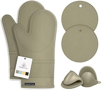 Rorecay 6pcs Oven Mitts and Pot Holders Sets Heat Resistant 500 Degrees, Extra Long Silicone Oven Gloves Non-Slip Potholders Hot Pads for Kitchen Baking Cooking, Quilted Liner, Martini Olive