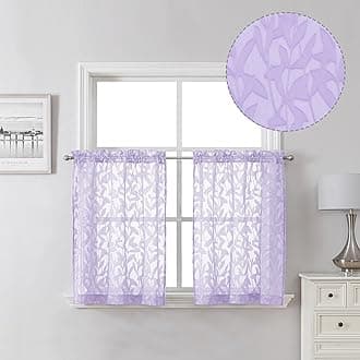 Lecloud Leia Light Purple Sheer Kitchen Curtains 24 Inch Length 2 Panels, Jacquard Textured Leaf Voile Short Curtains with Dual Rod Pocket, Farmhouse Bedroom Living Room Tiers, 38 W x 24 L