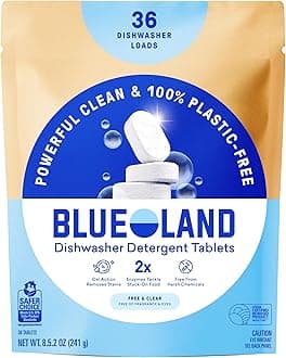 BLUELAND 100% Plastic-Free Dishwasher Detergent Tablets, 36 Count, Free & Clear, Eco-Friendly Dishwashing Pods, Natural, USDA Certified biobased