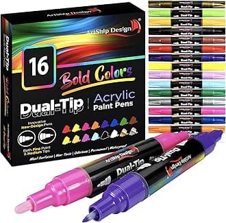 16 Dual-Tip Acrylic Paint Pens, Both Extra Fine and Medium Tip Paint Markers for Rock Painting, Mugs, Ceramic, Wine Glasses, Wood, Glass, Plastic, Most Surfaces - Water Based Non-Toxic and No Odor