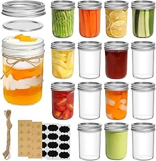 Small Mason Jars 8oz - 16 Pack, Regular Mouth Mason Jar with Lids and Seal Bands, Glass Half Pint Canning Jar for Spice, Jam, Honey, Pickle, Dessert, Shower Wedding Favors, DIY Candles Decor