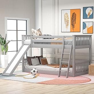 Twin Over Twin Low Bunk Beds with Slide for Kids Wood Floor Bunk Bed Frame for Boys Girls Teens’ Bedroom Dorm, Gray