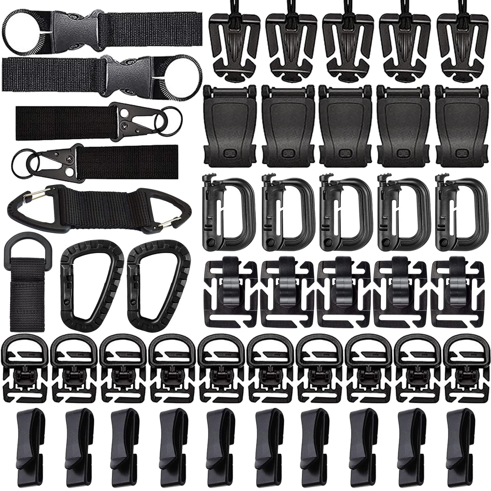 Molle Accessory Kit of 48 Attachments, D-Ring Locking Gear Clips, Web Dominators, Molle Clips, Buckle Bottle Carriers, Key Ring Holder