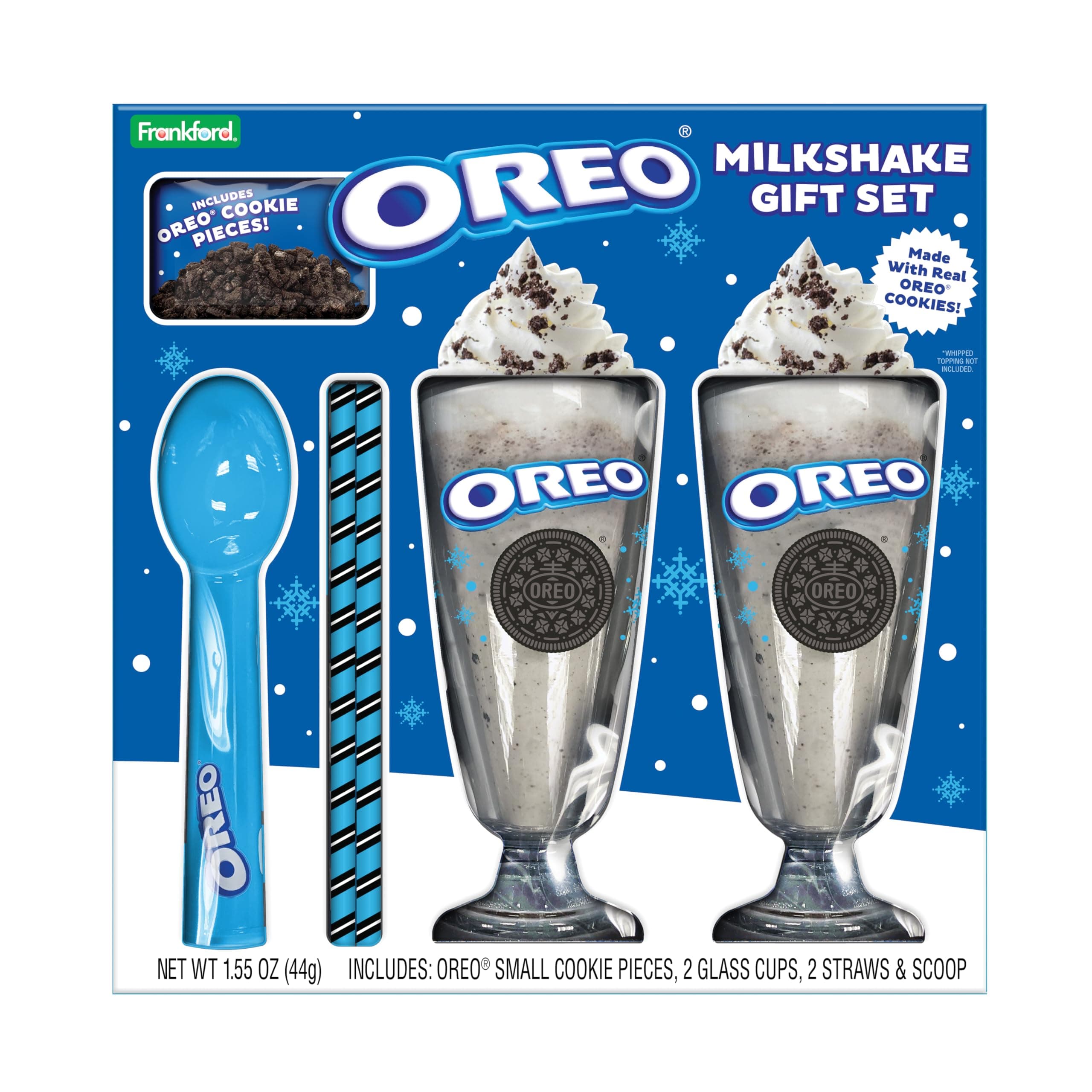 Candy OREO Cookies and Cream Milkshake Gift Set with Cookie Pieces, 2 Glass Cups, 2 Straws, and Ice Cream Scoop