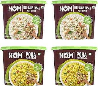 MOM - Meal of the Moment, Breakfast Combo Pack of Poha with Bhujia and Ghee Rava Upma with Bhujia (2 Units Each) - Ready to Eat | Instant Food | No Added Preservatives