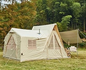 15.7x11.8FT Inflatable Tents for Camping, 8-12 Person 2 Room Blow Up Tent with TPU Skylight, Movie Screen, A/C Port, Stove Jack, Mesh Windows & Pump, 4 Season Waterproof Windproof