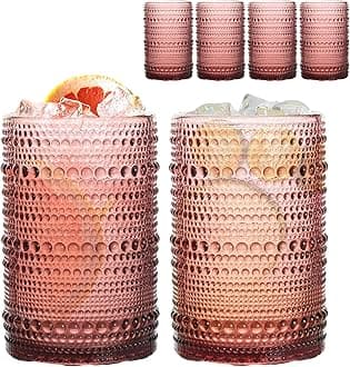 Set of 4 Hobnail Drinking Glasses, 15oz, Vintage Jupiter Drinking Glasses,Embossed Old Fsahioned Glassware for Beer,Water,Juice,Cocktail,Whiskey,Gift (Red Purple, Large)