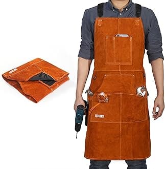 QeeLink Leather Welding Work Apron with 6 Tool Pockets, Heat & Flame Resistant Apron, 24" x 36", Adjustable M to XXXL, Brown, Small-5X-Large