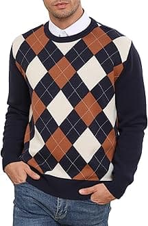RQP Men's Crewneck Sweater Slim Fit Argyle Pattern Long Sleeve Knit Pullover Sweater for Casual Or Dressy Wear