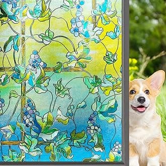 3D Stained Glass Window Film Etched Decorative Privacy Glass Door Film Cling Self-Static Grapes Window Tint Easy Removal Anti UV for Home and Office,23.6x35.4 inches