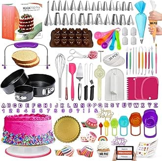 RFAQK 700PCs Cake Decorating Kit with Baking Supplies - Cake Turntable for Decorating with Baking Pans, Leveler, 24 Numbered Piping Tips, 2 Spatulas, Fondant Tools, Video Course, Pattern Chart & More
