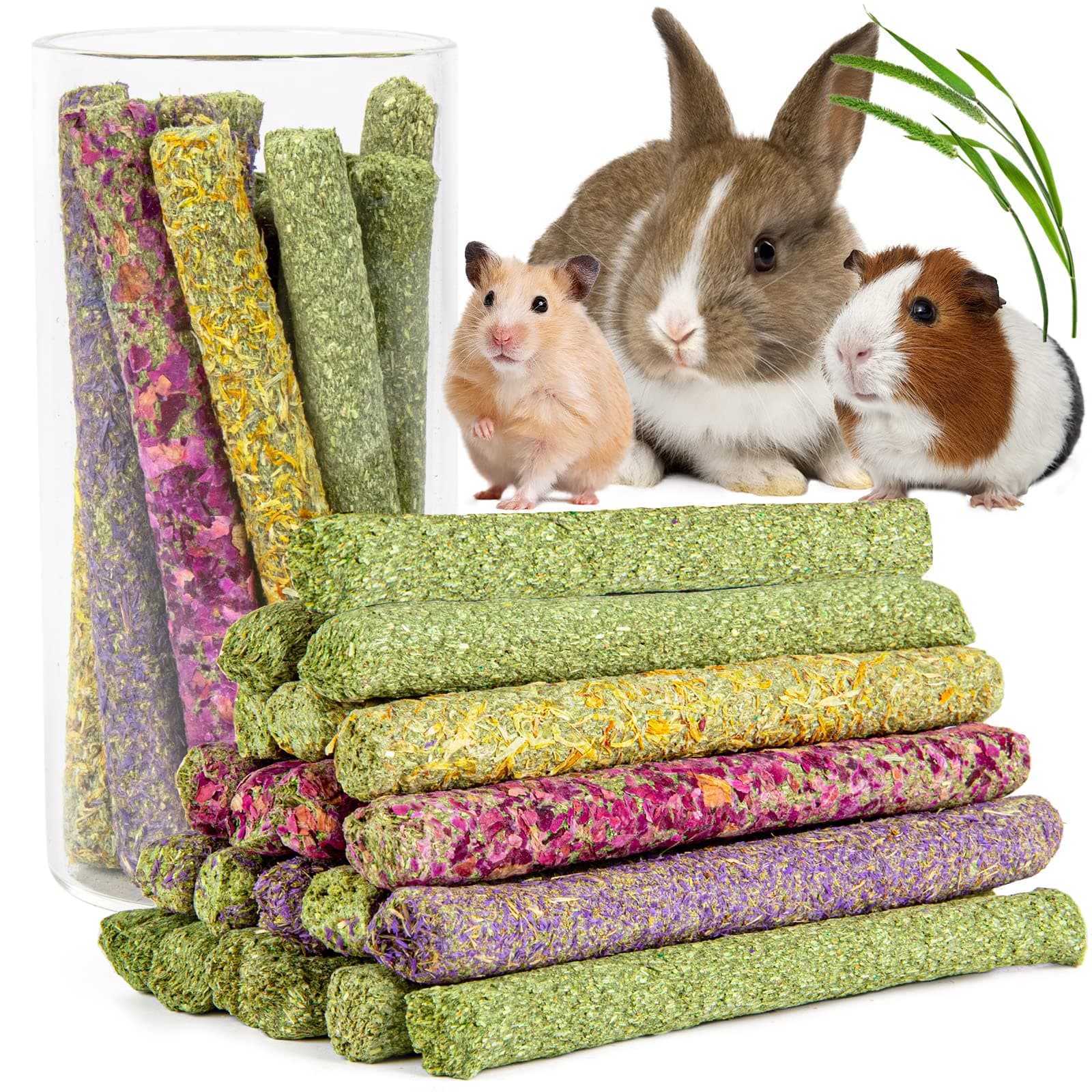 Timothy Hay Sticks - 44Pcs Natural Chews for Teeth - Handmade Rabbit & Guinea Pig Toys - Chinchilla, Rat, Hamster, Gerbil