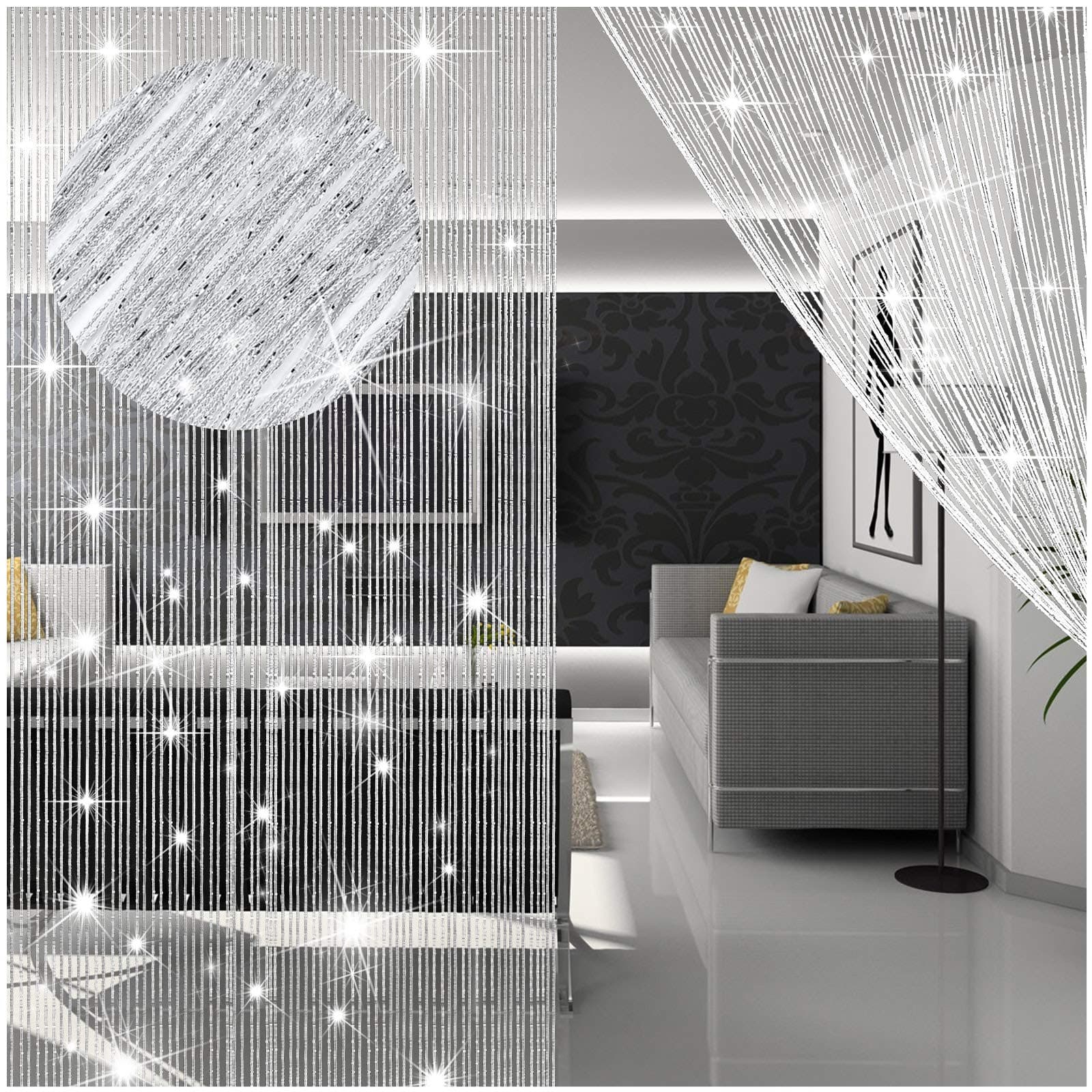 WILLBOND 4 Pcs String Curtains Glitter Fringe Curtains for Window Doorways 79 x 39 Inch Door Divider Strip Tassel for Wedding Engagement Party Decor Living Room(Silver)