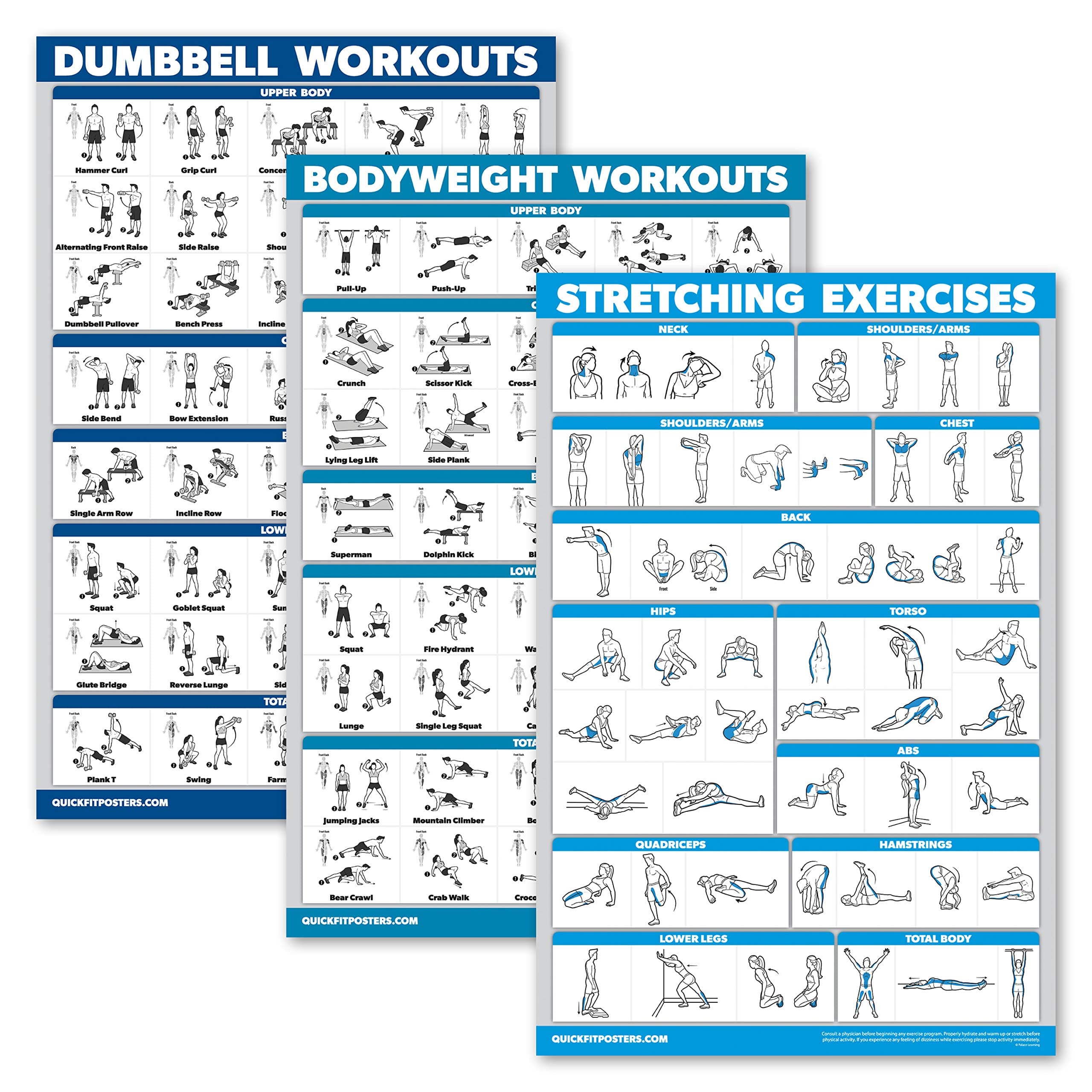 Palace Learning QuickFit 3 Pack - Dumbbell Workouts + Bodyweight Exercises + Stretching Routine Poster Set - Set of 3 Workout Charts (Laminated, 18" x 27")