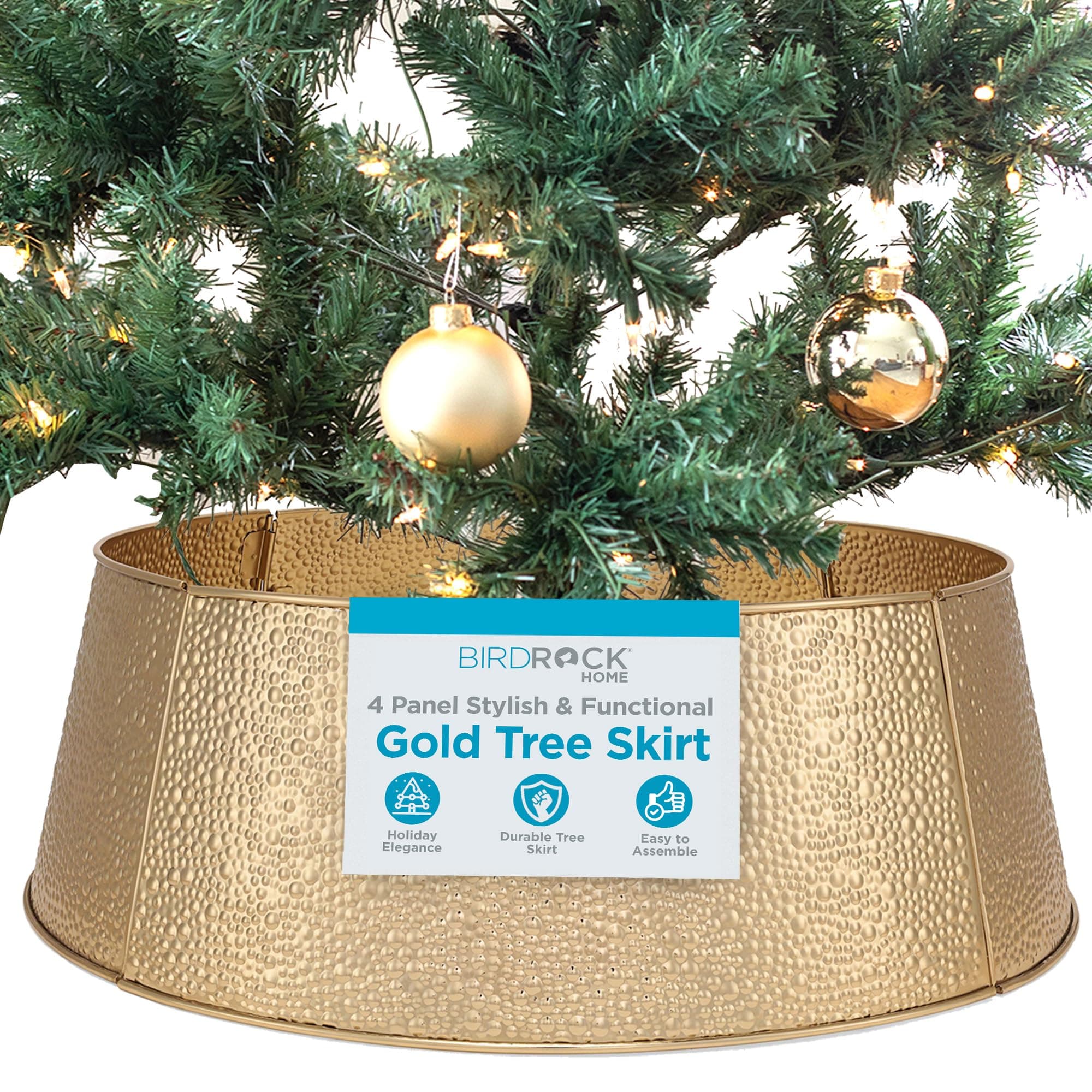 4-Panel Christmas Tree Collar - Gold Bubble Tree Skirt - Small 26" Base - Easy to Assemble Xmas Tree Base Cover - Metal Holiday Decoration - Water Base Protection from Pets, Skirt Decor