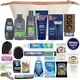 Convenience Kits International Menโs Super Premium 35 PC Travel Kit Featuring: Travel-Size Hair Care Products Plus Face, Body, Oral Care, Travel Essentials in Large Ivory Canvas Toiletry Bag