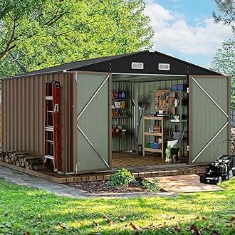 Devoko 10 x 10 FT Outdoor Storage Shed, Metal Garden Sheds & Outdoor Storage Clearance, Large Tool Shed Outdoor with Single Lockable Door for Patio Lawn Backyard (Brown)
