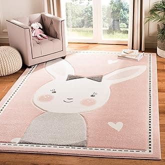 SAFAVIEH Carousel Kids Collection Area Rug - 4' Square, Pink & Ivory, Bunny Design, Non-Shedding & Easy Care, Ideal for High Traffic Areas for Boys & Girls in Playroom, Nursery, Bedroom (CRK166P)