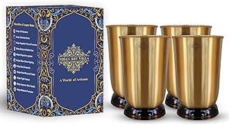 INDIAN ART VILLA Pure Brass Matt Finish Glass/Tumbler with Black Bottom, Serveware & Drinkware, Ayurveda Healing, Volume-300 ML, Pack of 4
