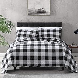 EXQ HomeQuilt Set Full/Queen Size 3 Piece,Lightweight Microfiber Coverlet Modern Style Black and White Squares Pattern Bedspread Set(1 Quilt,2 Pillow Shams)