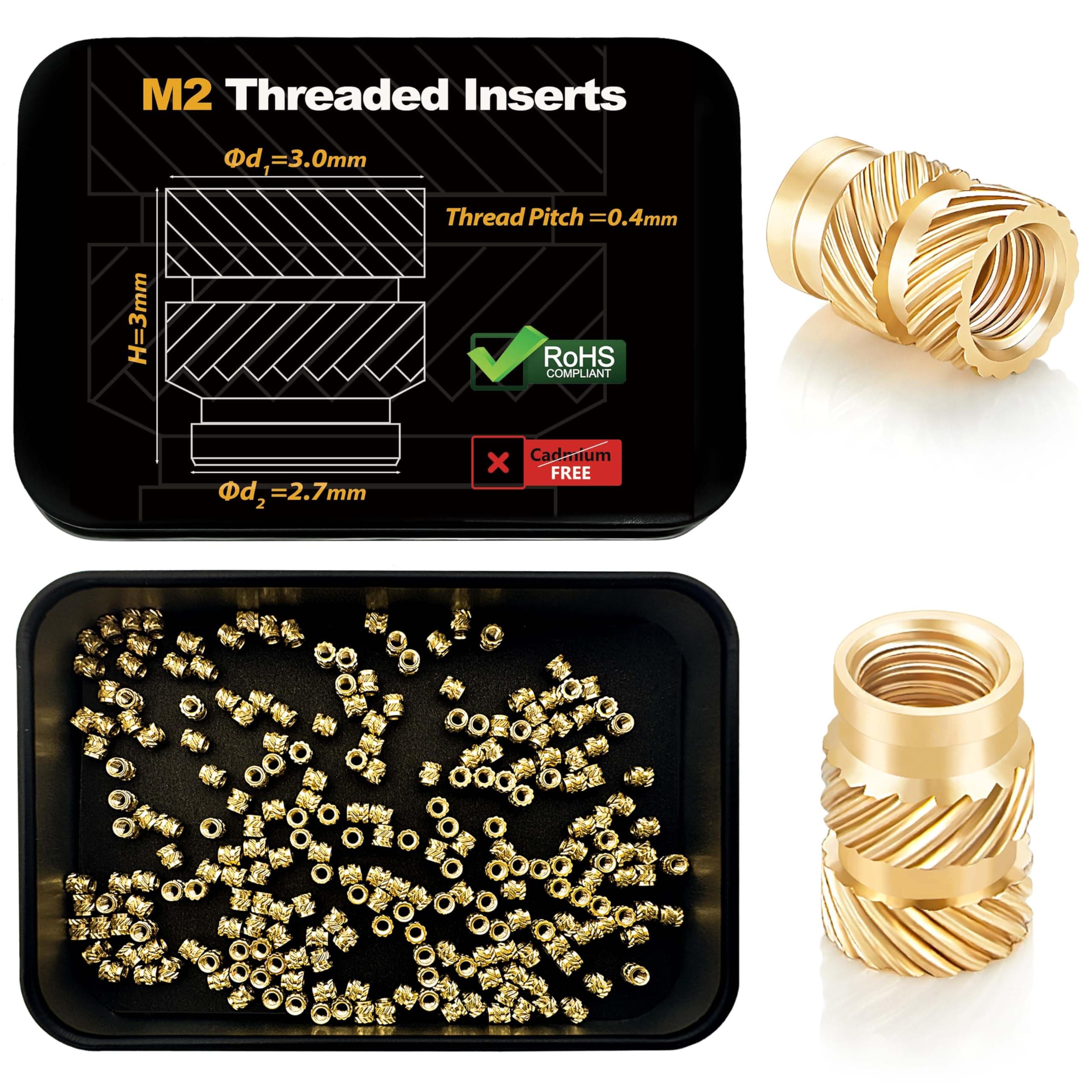 200Pcs M2 Threaded Inserts for 3D Printing Components,M2*3 * 3 Metric Brass Knurled Nuts, Insert by Heat into Plastic Parts