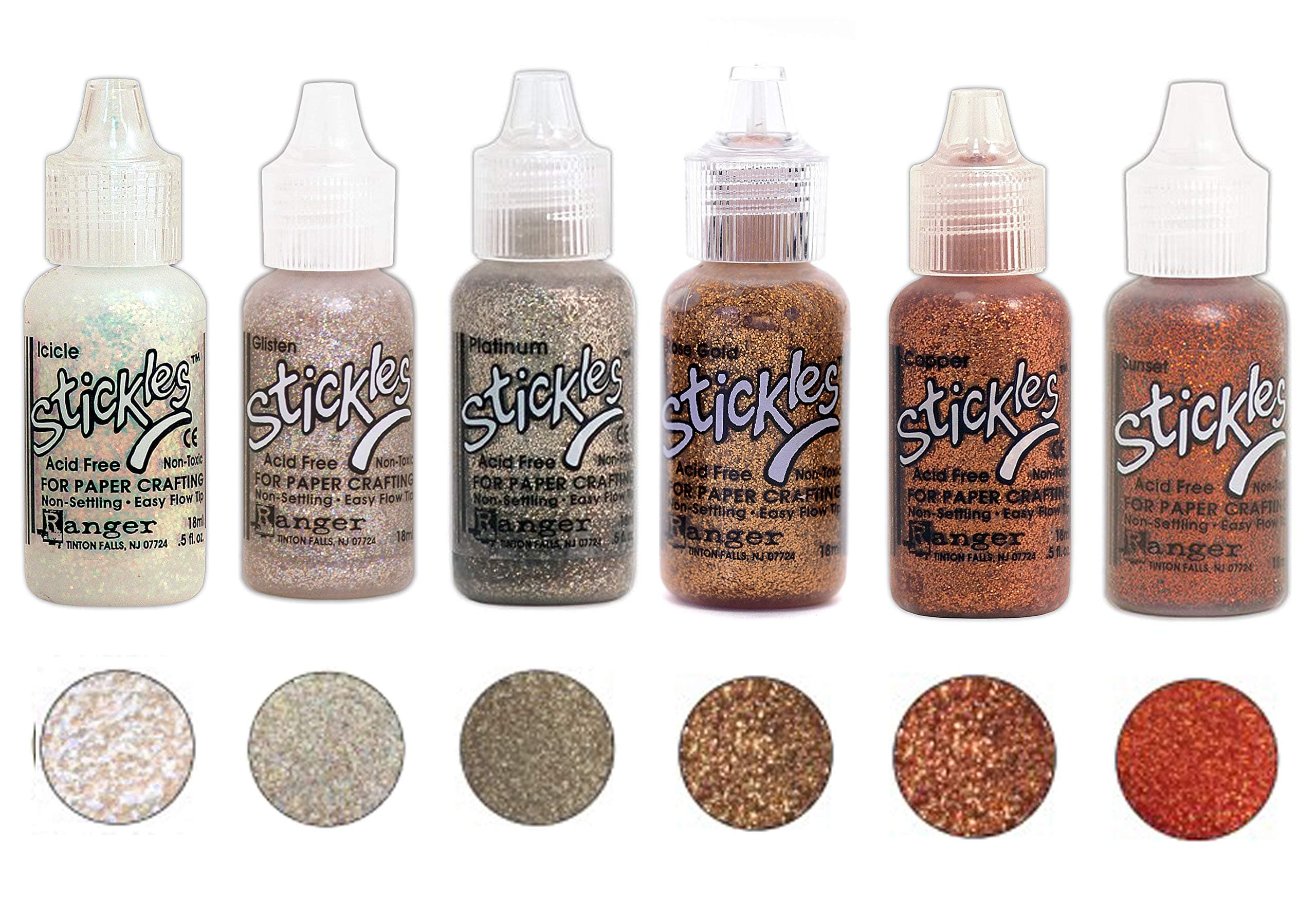 Ranger Stickles Glitter Glue Bundle A "Flicker" - Six .5 fl oz Bottles - Icicle, Glisten, Platinum, Rose Gold, Copper, and Sunset