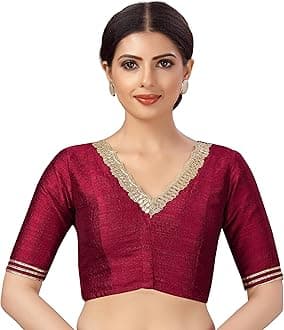 STUDIO ShringaarWomen's Readymade Silky Saree Blouse with Embroidered Neckline