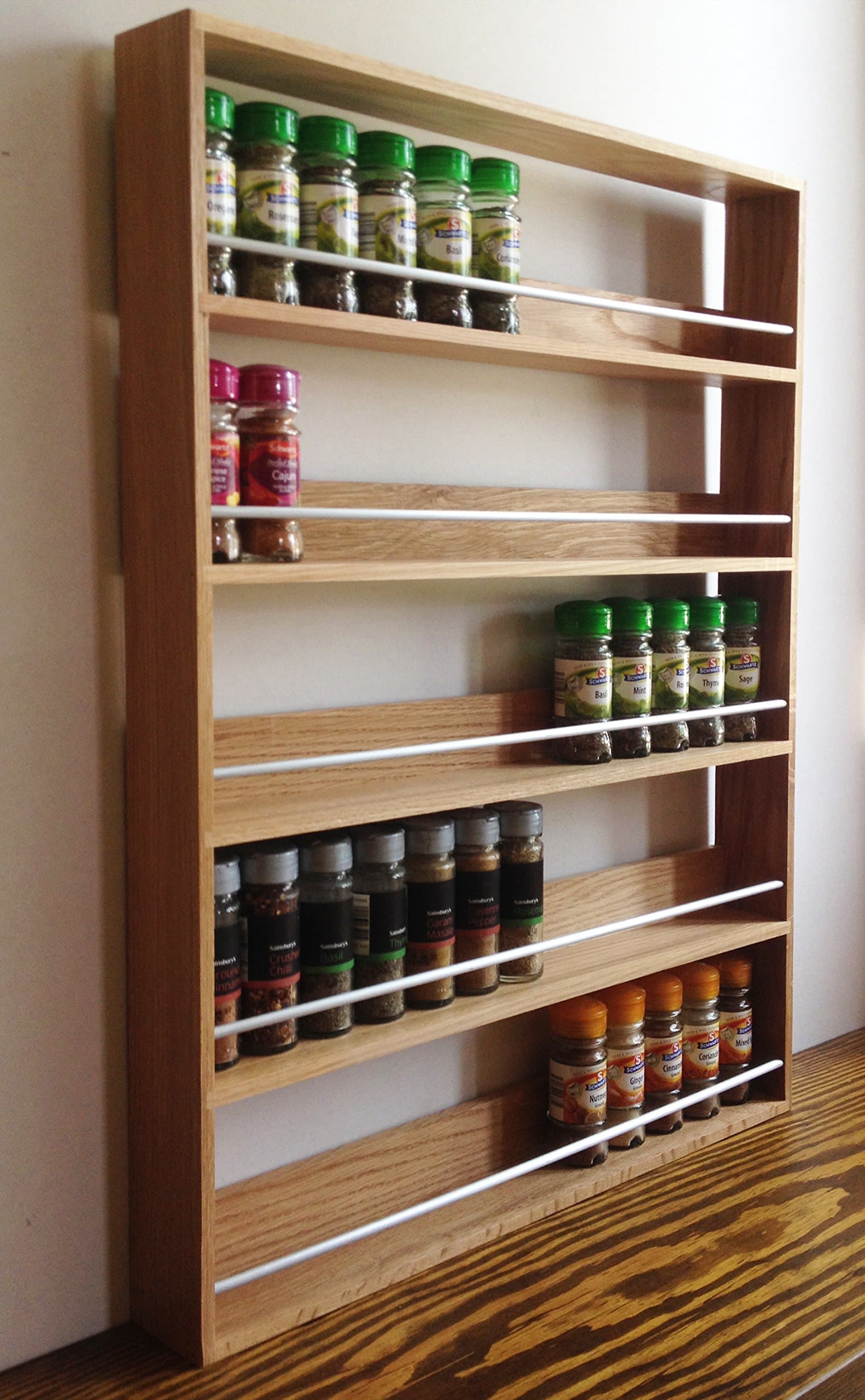 Solid Oak Spice Rack 5 Tiers Holds up to 60 Spice Jars (56cm x 7cm x 73.5cm)