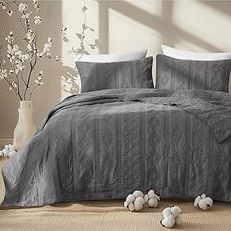 100% Cotton Quilt Set - Lightweight Queen Bedspread, Grey Cozy Bedding Coverlet 3-Piece with Pillow Shams in Geometric Pattern for All Season, 90x96 inches, 100% Cotton Voile