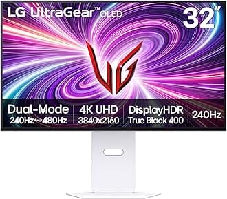 ‎32GS95UV 32-inch Ultragear OLED Gaming Monitor 4K UHD 1440p 240Hz 0.03ms DisplayHDR True Black 400 AMD FreeSync Premium Pro NVIDIA G-Sync HDMI 2.1 DisplayPort Tilt/Height/Swivel Stand White