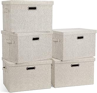 Large 17" 36 Quart Collapsible Stackable Storage Bins with Lids, 5 Packs Beige Linen Fabric Closet Boxes with Lids, Storage Cube Baskets Container Organizers for Bedroom Office(17 x12 x11)
