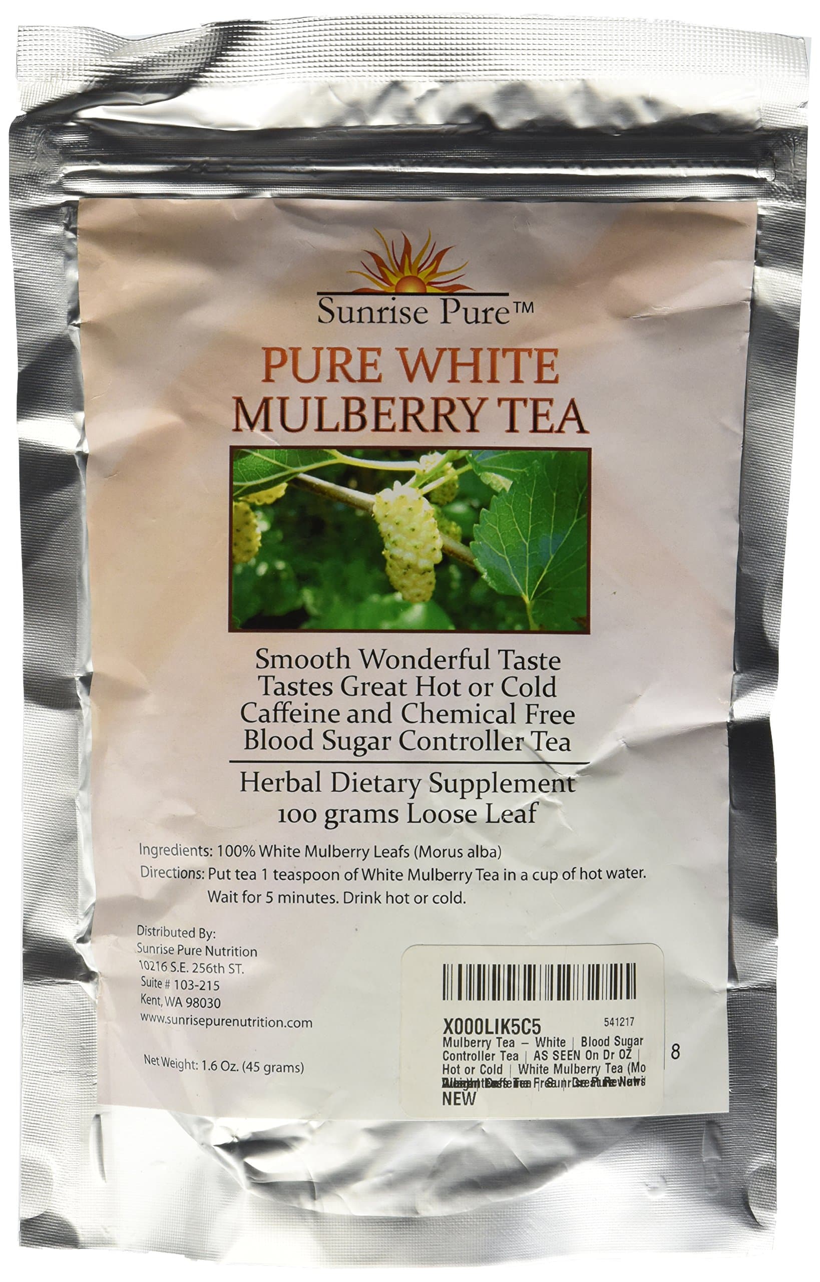 Mulberry Tea - White | Blood Sugar Controller Tea | Great Hot or Cold | White Mulberry Tea (Morus Alba) | Caffeine Free | Great Reviews | Weight Loss Tea | Sunrise Pure Nutrition Guarantee