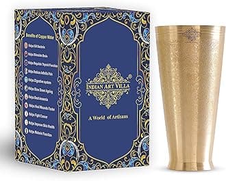 Indian Art Villa Embossed Flower Design Brass Lassi Glass Tumbler, Drinkware Home Restaurant, 20 Oz, Gold