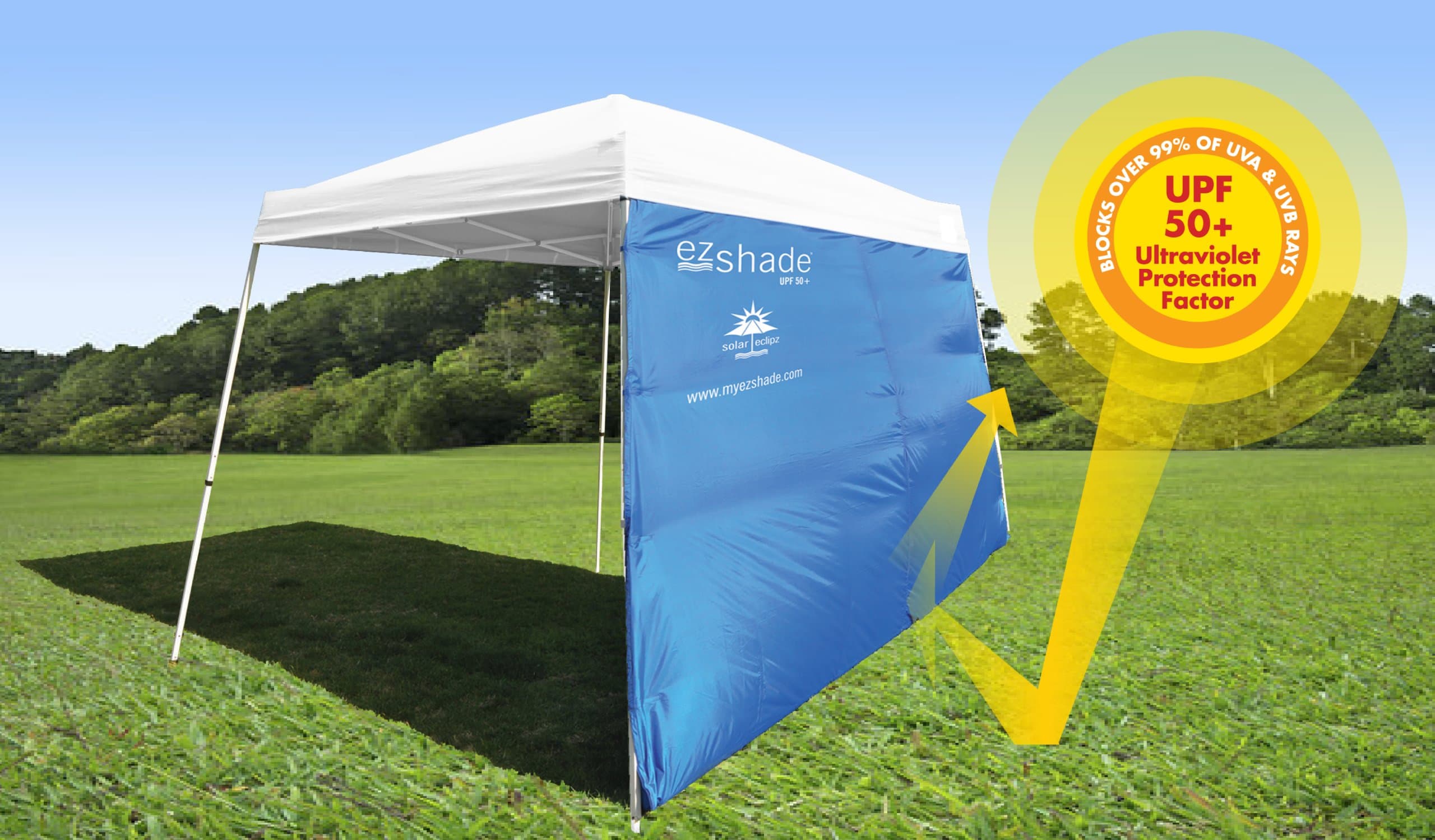 ezShade Canopy Sunshield (Award Winning) Blocks 99% UVA/UVB Rays - Doubles Shade, Keeps You Cooler, and Instantly ATTACHES to The Fabric of Any 10x10 Nylon/Poly Canopy. Canopy NOT Included