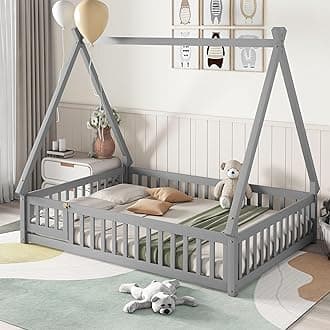Tent Floor Bed for Kids Full Size Montessori Floor Bed with Slats and Guardrails Wood Teepee Bed Frame with Fence and Door for Boys Girls, Grey