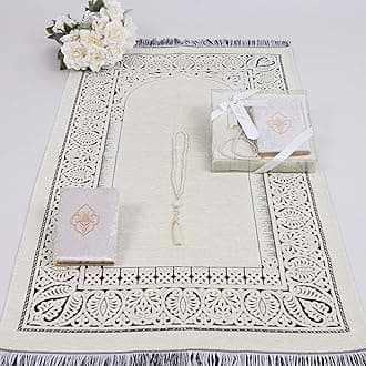 Personalized Prayer Rug Prayer Beads Quran Gift Set, Chenille Prayer Rug Pearl Prayer Beads Velvet Full Arabic Quran, Ramadan Eid Wedding Birthday Graduation (Beige)