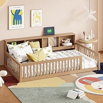 Bellemave Kids Montessori Floor Bed Twin XL Size,Floor Bed Frame with Bookcase and Charging Station for Kids Boys Girls