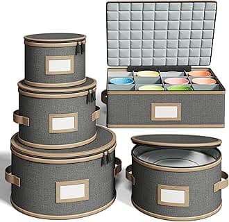 - Hard Shell China Storage Containers – 5 Piece Set for Storing Dinner Plates, Salad Plates, Mugs, Quilted Dividers for Safe Moving and Seasonal Storage, Grey with Brown Edging